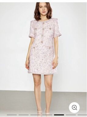 J.ING Pink Tweed Short-Sleeve Shift Dress with Button Details